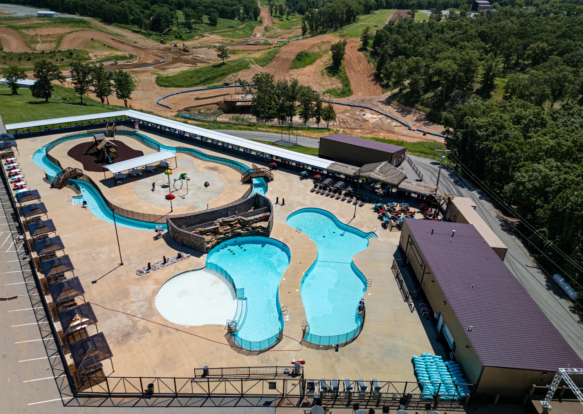 Aerial view of the water complex at Americas Outdoor Adventure Park in Jay, Oklahoma